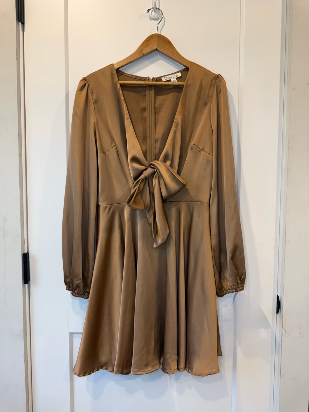 Tie-Front Long Sleeve Satin Dress in Brown